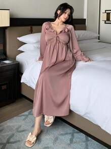 DAZY Romantic Lace Patchwork Satin Ruffle Hem Waist Nightgown Pajama - Pink - View 5