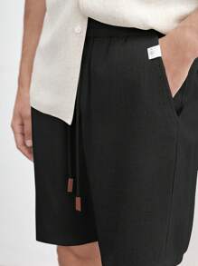 AKNOTIC Business Casual Men's Linen Regular Waist Drawstring Straight Leg Casual Shorts, Suitable For Daily Wear In Summer - Black - View 1