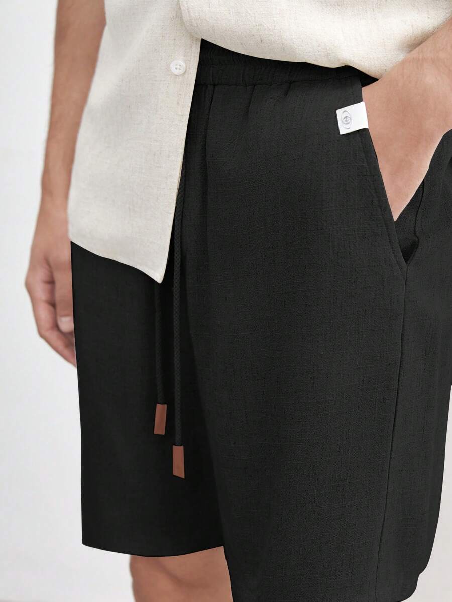 AKNOTIC Business Casual Men's Linen Regular Waist Drawstring Straight Leg Casual Shorts, Suitable For Daily Wear In Summer - Black - View 1