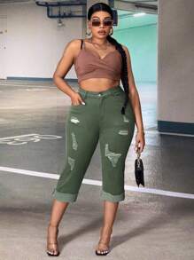 SHEIN Hosenträger Jeans in Große Größen mit Knöpfen und Taschen Vorne, zerstört, für Lässig Sommer Alltag - Armeegrün - Übersicht 4