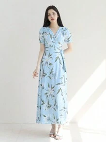 DAZY Women Floral V-Neck Fitted Short Sleeve Dress, Autumn Sundress