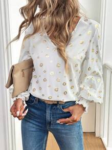 SHEIN LUNE 女士 V 领长袖雪纺衬衫，带锡箔豹纹，适合外出 - 白色 - 查看 7