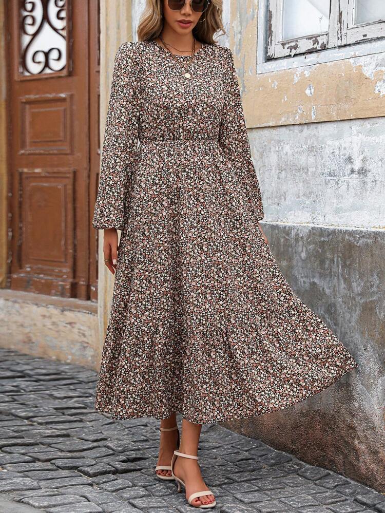 Women's Casual Long Sleeve Waisted Ditsy Floral Design Long Dress For Autumn
