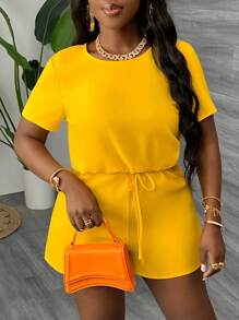 Slaydiva Casual Loose Round Neck Cinched Waist Women's Jumpsuit - Yellow - View 6