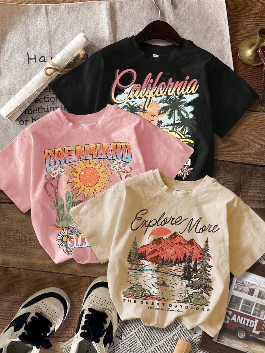 SHEIN 3 件套 Tween 女童休闲复古风格户外风景和复古汽车卡通印花短袖 T 恤套装夏季 - 彩色 - 查看 1