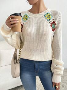 SHEIN LUNE Damski sweter vintage, ręcznie robiony na szydełku, luźny, dzianinowy, jesień/zima - Morela - Zobacz 4