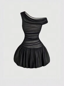 SHEIN MOD 优雅黑色网眼褶皱不对称领花苞裙、泡泡裙、舞会礼服、黑色裙子、秋季礼服、生日装、返校节礼服、南瓜 - 黑色 - 查看 2