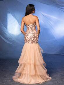 Glamrae 优雅奢华香槟色定位亮片 V 领高腰紧身后下摆马尾夸张网眼蓬松连衣裙约会单身派对返校季婚礼活动重型晚宴舞会礼服正式晚间婚礼宾客礼服，适合毕业典礼 - 香檳色 - 查看 5