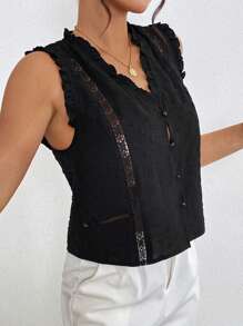 SHEIN Frenchy 女士宽松提花蕾丝嵌花无袖衬衫，黑色背心上衣 - 黑色 - 查看 6