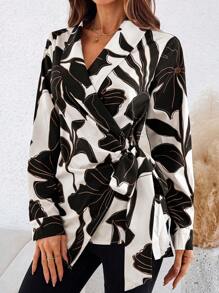 SHEIN Clasi Women's Floral Print Wrap Long Sleeve Loose Blouse For Vacation Fall Clothes - Beige - View 1