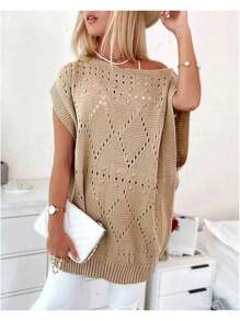 INAWLY Plus Size Solid Color Open Shoulder Hollow-Out Minimalist Knit Blouse, Casual Daily Wear - Khaki - View 5