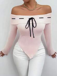 Chiquease Off-Shoulder Tie-Up Asymmetrical Hem Sweater, Autumn/Spring Knit Pullover Fall Winter Outfit