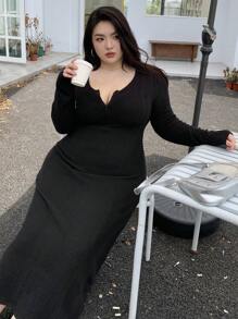 Dazy Plus 大码纯色圆领修身动物刺绣长款休闲连衣裙，春夏秋装，秋季女装 - 黑色 - 查看 5