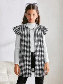 Tween Girls' Casual Houndstooth Print Puff Sleeve Round Neck Mid-Length Jacket