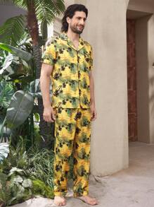 Manfinity ChillVibe 男士热带植物印花衬衫和裤子休闲睡衣套装 - 黃色 - 查看 6