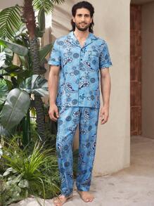 Manfinity Underwear&Sleepwear Basics Conjunto de casa con camisa de manga corta de solapa y pantalones con estampado de paisley para hombre - Azul - Ver 5