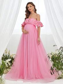 Vestido formal elegante de maternidad con hombros descubiertos y estampado floral - Rosa - Ver 1