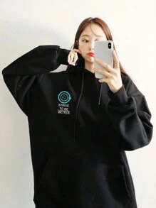 DAZY Women's String Drawstring Letter Print Oversized Hoodie, Casual Everyday Wear,Fall Women Clothes Sweatshirt - Black - View 4