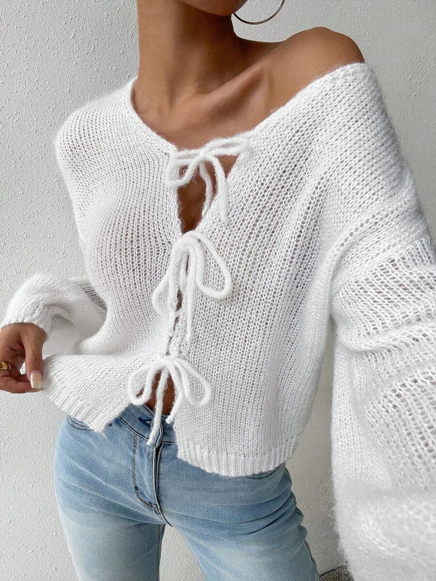 SHEIN LUNE 女士纯色前系带休闲开衫 - 白色 - 查看 1