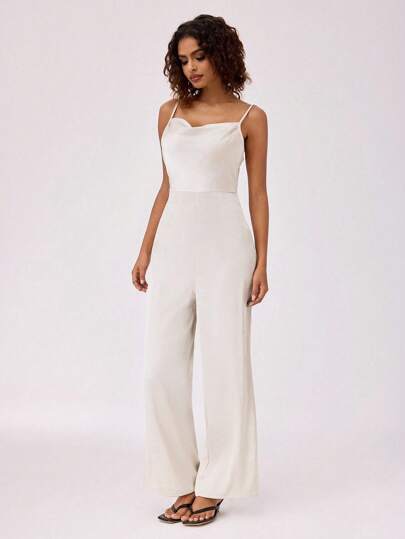 Forever 21 New Summer Satin Sexy Draped Neck White Camisole Jumpsuit For Women