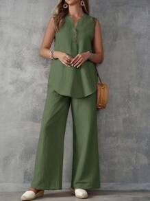 EMERY ROSE Bộ 2 chiếc áo không tay họa tiết và quần ống rộng có cúc - xanh quân đội - Xem 3