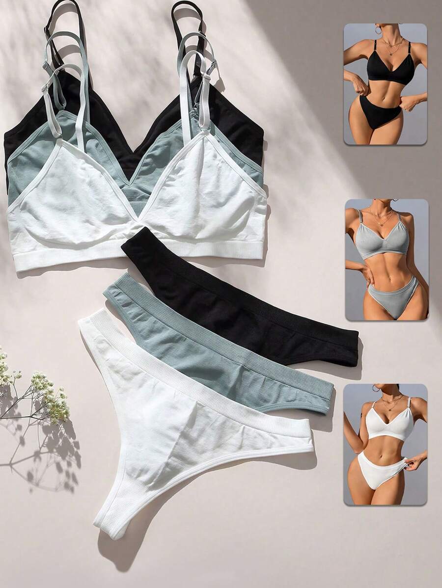 3packs No Show Solid Bra & Panty Lingerie Set - Multicolor - View 1