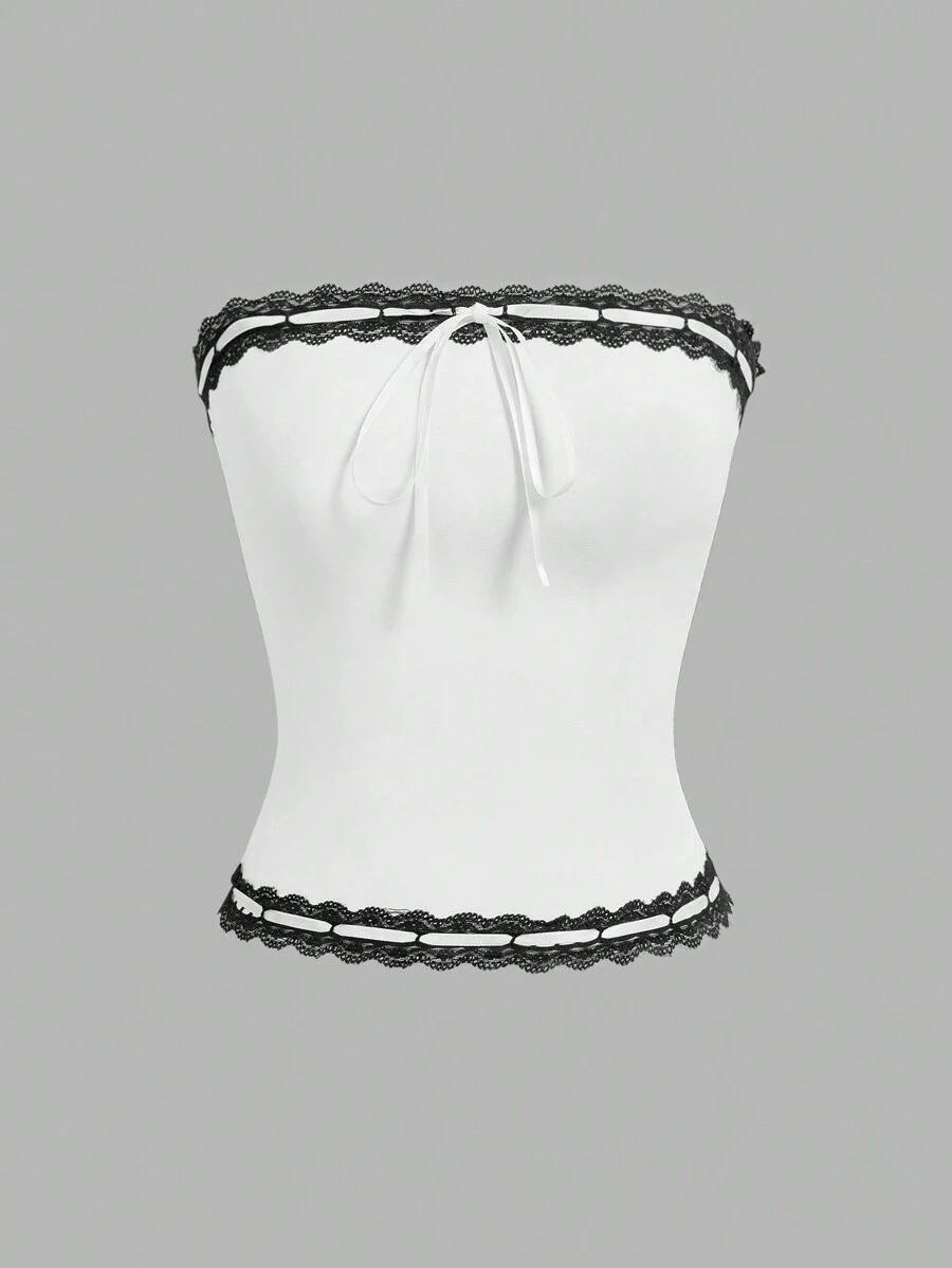 SHEIN EZwear Vintage Sweet Bowknot Bandeau Top, Spring & Summer - White - View 1