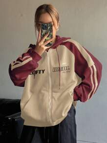 Dazy Star 女士前抽绳拉链拼色红色口袋字母印花连帽衫 - 彩色 - 查看 1