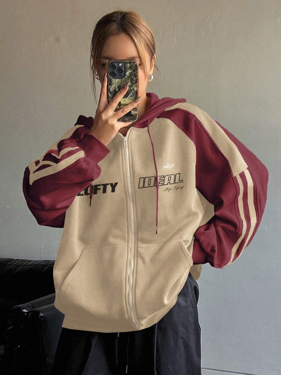 Dazy Star 女士前抽绳拉链拼色红色口袋字母印花连帽衫 - 彩色 - 查看 1