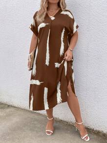 EMERY ROSE Plus Size V-Neck Short Sleeve Floral Print Loose Slit Elegant Graceful Charming Dress - Brown - View 1