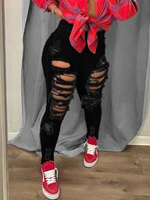 Women Solid Black Summer Fashion Ripped Skinny Jeans - Black - View 5