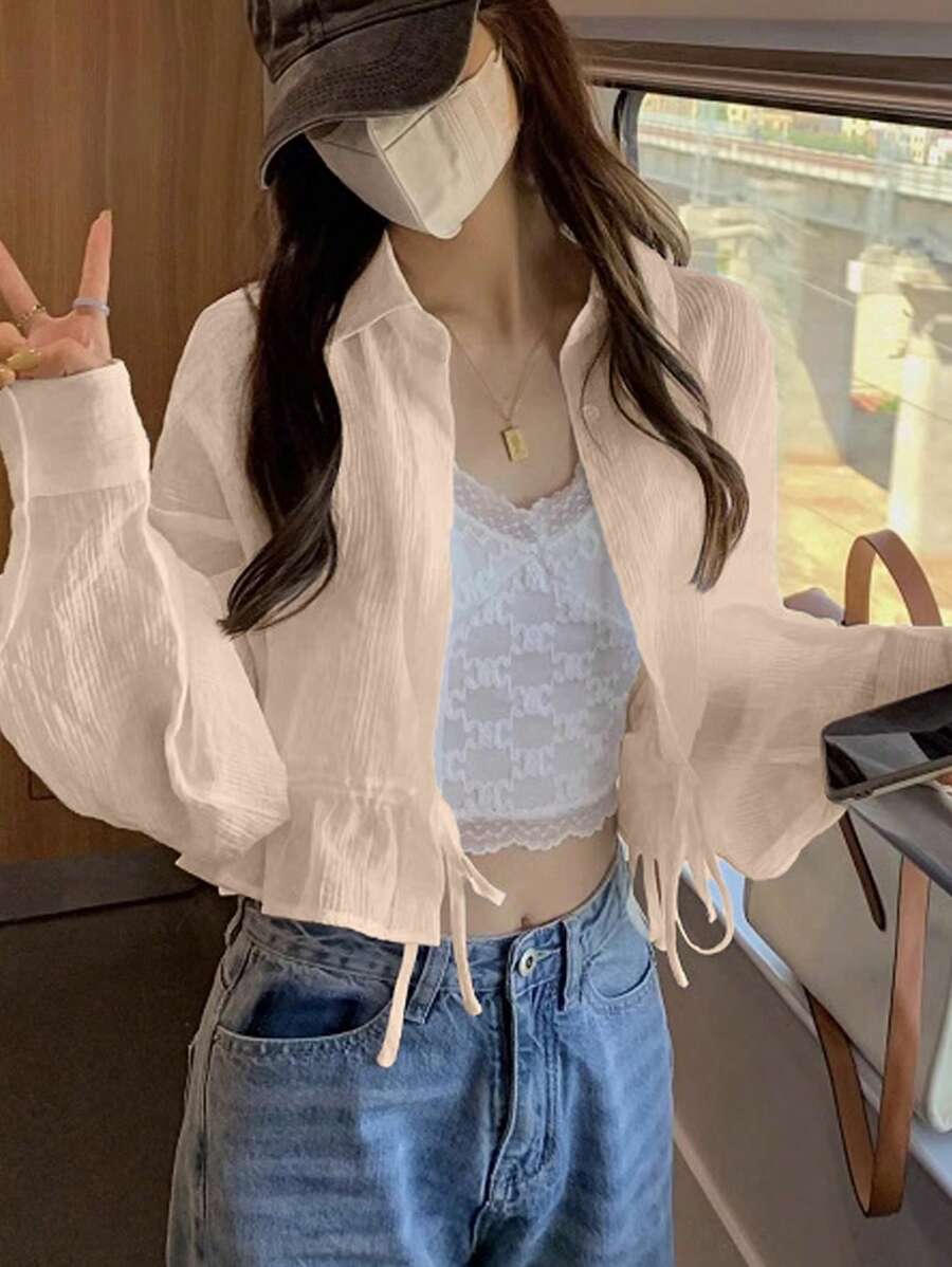 SHEIN Unity 女士长袖系带衬衫，休闲优雅女友风衬衫 - 杏色 - 查看 1