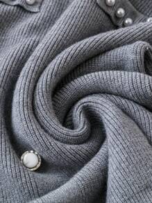 SHEIN Clasi Plus Size Crew Neck Long Sleeve Faux Pearl Decor Button Front Faux Pocket Sweater, For Winter Knit Pullover Fall - Grey - View 5