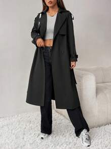 SHEIN PETITE Double Breasted Belted Trench Coat - Black - View 5
