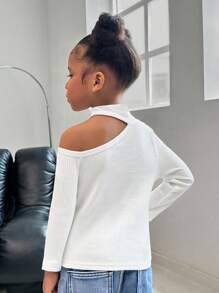 SHEIN Young Girl All-Match Casual Elegant Urban Versatile Open Shoulder Stand Collar Long Sleeve Knit Comfortable T-Shirt White Tee, Suitable For Autumn And Winter, Suitable For School, Commuting And Daily Wear - White - View 2
