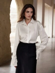 SHEIN Privé Áo sơ mi nữ tay chuông buộc dây phong cách cổ điển - trắng - Xem 5
