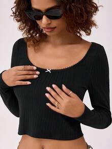 Forever 21 Áo thun dệt kim cổ tròn màu đen viền nơ - màu đen - Xem 3