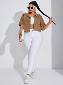 SHEIN SXY Áo sơ mi denim có kích thước lớn có túi trơn thông thường dành cho trang phục dạo phố - màu nâu - Xem 4