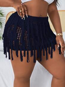 SHEIN Swim Curve 大码流苏镂空海滩罩衫夏季 - 藏蓝色 - 查看 5