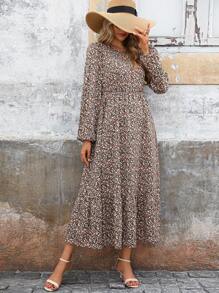 SHEIN LUNE Đầm dài họa tiết hoa hở lưng tay dài giản dị cho nữ mùa thu - Nhiều màu - Xem 4