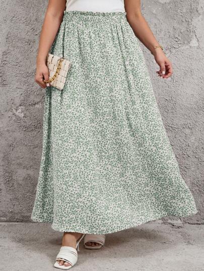 Reflora Plus Size Summer Green Floral Printed High Waist Flared Skirt