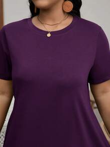 SHEIN LUNE 大码圆领短袖纯色休闲宽松优雅中长连衣裙 - 紫色 - 查看 6