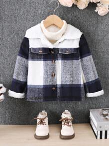 SHEIN Young Girls Blue Plaid Patchwork Thermal Lined Lapel Casual Jacket For Fall Winter, Suitable For School Commute & Street Wear