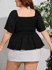 SHEIN SunnyBelle Áo kiểu có viền nhún bèo màu trơn mùa hè dành cho nữ cỡ lớn, áo thường ngày - màu đen - Xem 2