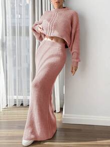 EURMUSE Women  Cable Knit Detailed Sweater & Skirts Set - Brown - View 7