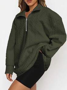 Plus Size Plain Zip-Up Long Sleeve Sweatshirt Casual Spring - Olive Green - View 3