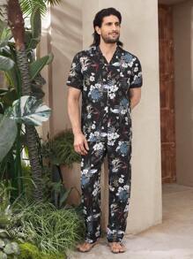 Manfinity ChillVibe 2 Stücke Herren Bedruckter Einreihiger Kurzarm Pyjama Set