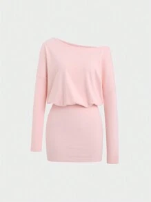 Sweetra Women Solid Color Minimalist Waist-Cinched Long Sleeve Short Dress - Pink - View 1