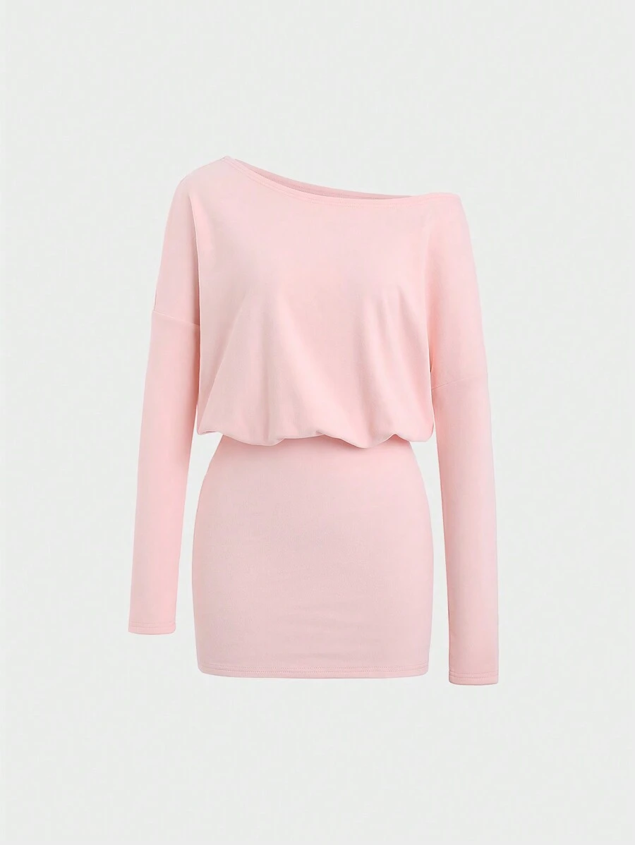 Sweetra Women Solid Color Minimalist Waist-Cinched Long Sleeve Short Dress - Pink - View 1