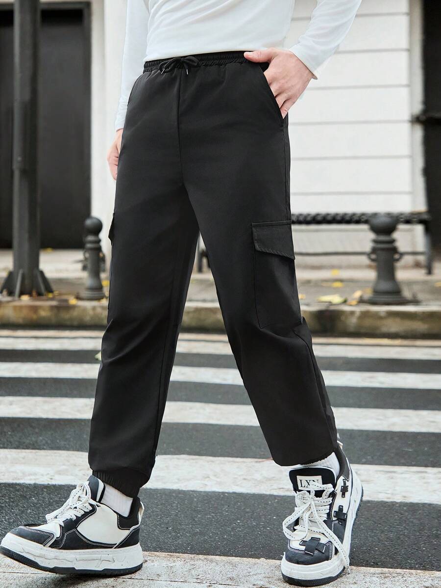 青少年男孩休闲工装慢跑裤 - 黑色 - 查看 1